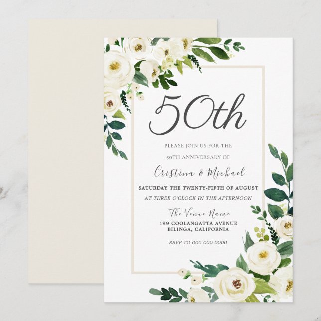 Invitación Elegantes flores blancas 50 años Boda (Anverso / Reverso)