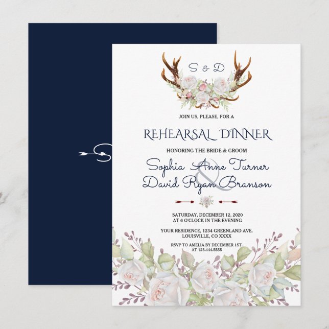 Invitación Elegantes flores blancas Antlers Cena ensayada (Anverso / Reverso)