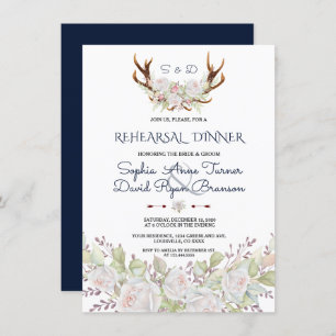 Invitación Elegantes flores blancas Antlers Cena ensayada
