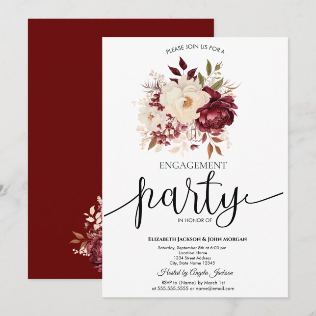 Invitación Elegantes Flores Blancas de Borgona para Compromis (Anverso / Reverso)