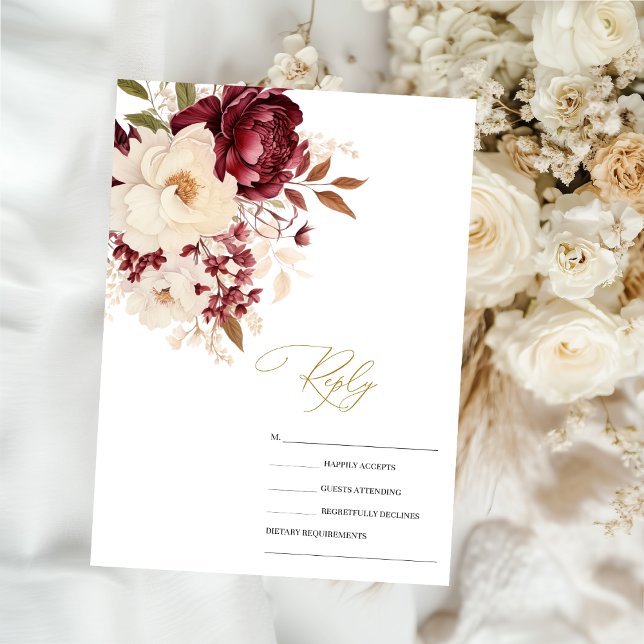 Invitación Elegantes flores blancas de Borgoña RSVP (Subido por el creador)
