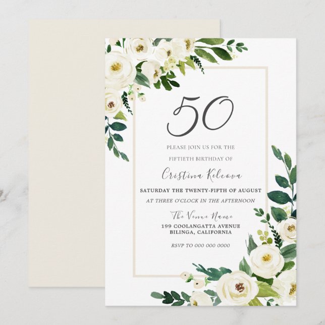 Invitación Elegantes Flores Blancas Fiesta de 50 Años (Anverso / Reverso)