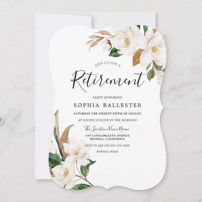 Invitación Elegantes flores blancas Fiesta de Jubilación de M (Anverso)