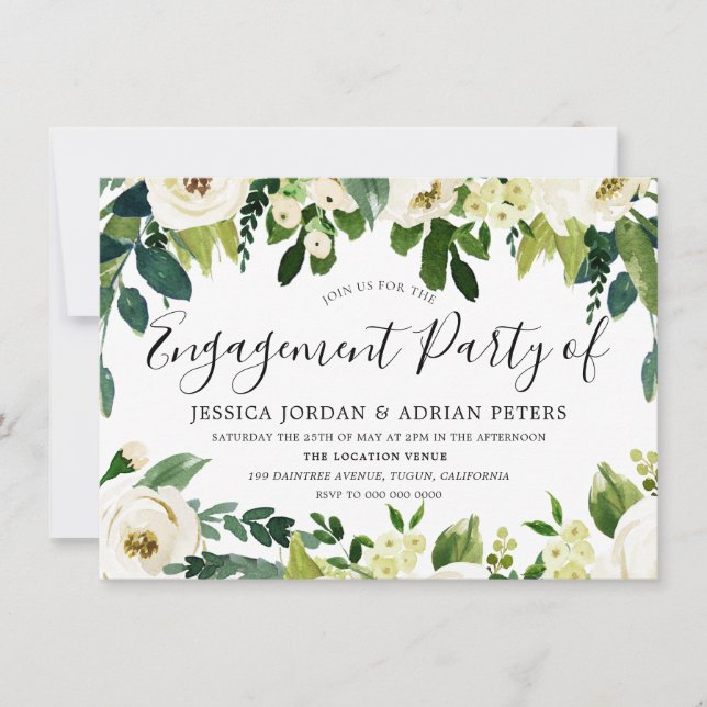 Invitación Elegantes Flores Blancas Hermosa Fiesta de Comprom (Anverso)