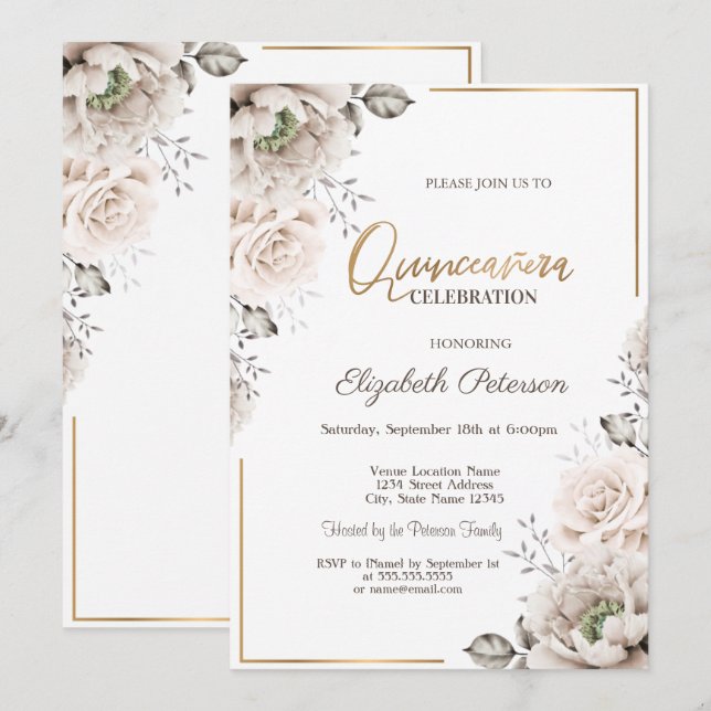 Invitación Elegantes Flores Blancas Quinceañera (Anverso / Reverso)