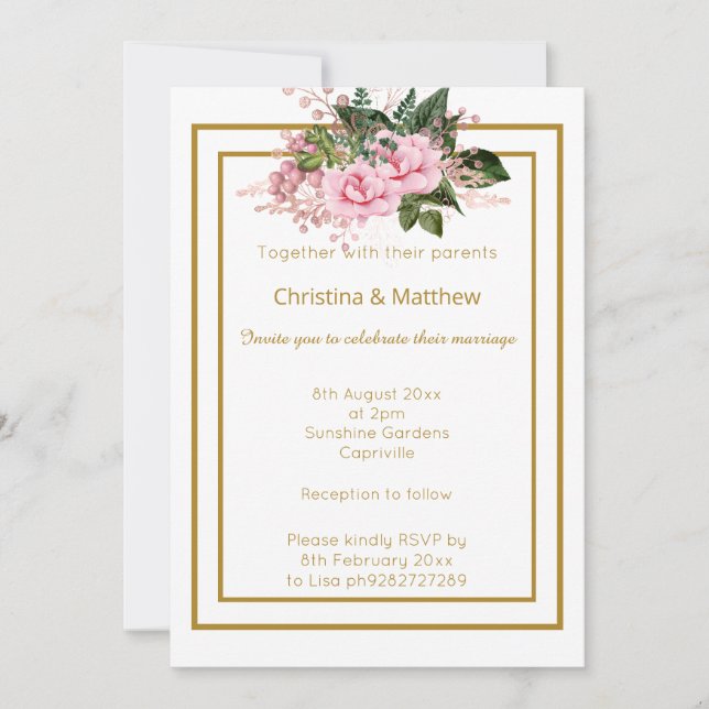 INVITACIÓN ELEGANTES FLORES DE BODAS EN ORO BLANCO MODERNO (Anverso)