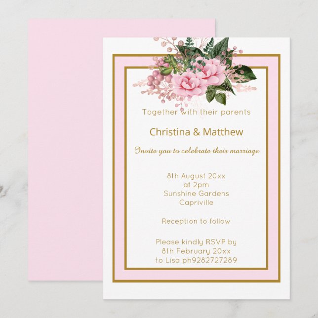 INVITACIÓN ELEGANTES FLORES DE BODAS MODERNAS ROSADAS Y ORO B (Anverso / Reverso)