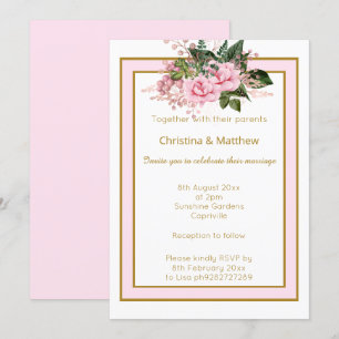 INVITACIÓN ELEGANTES FLORES DE BODAS MODERNAS ROSADAS Y ORO B