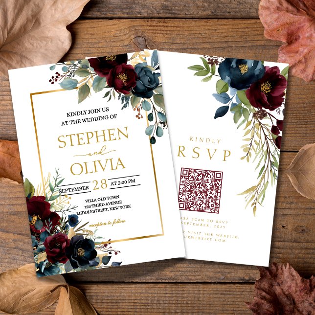 Invitación Elegantes flores de borgoña para boda con QR RSVP (Subido por el creador)