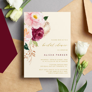 Invitación Elegantes flores de color rosa burdeos para ducha 