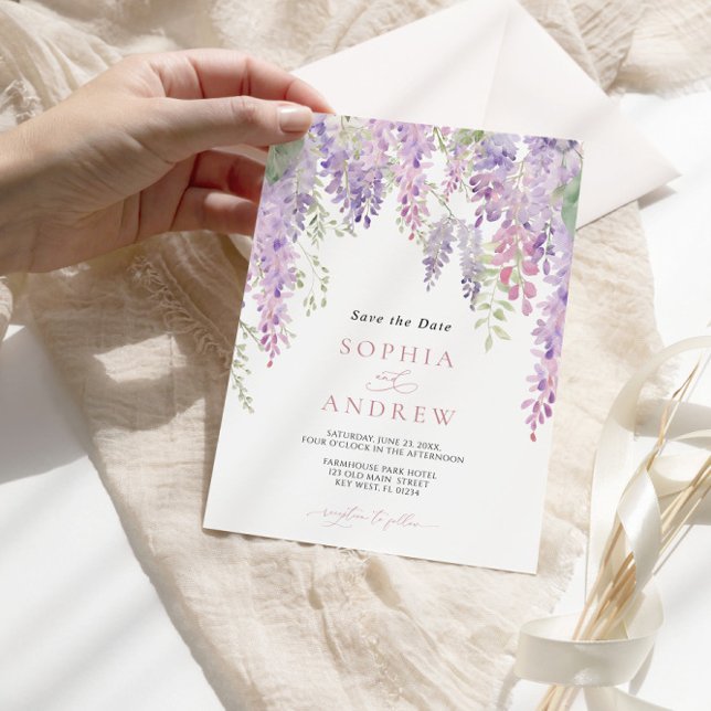Invitación Elegantes flores de glicinia púrpura AHORRAN LA FE (Subido por el creador)