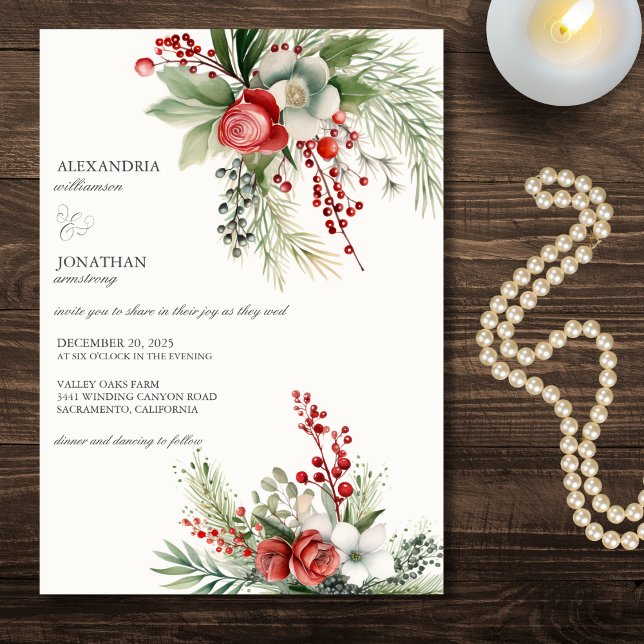 Invitación Elegantes flores de invierno, bayas y Boda de pino (Subido por el creador)