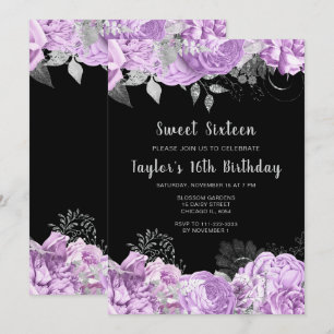 Invitación Elegantes flores de lila y plata Sweet Sixteen