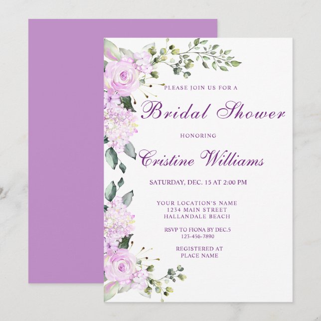 Invitación Elegantes flores de lustre morado de lavanda ducha (Anverso / Reverso)