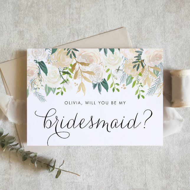 Invitación Elegantes Flores De Marfil Serán Mi Novia (Floral Bridesmaid Proposal Card with Soft Ivory Flowers and Faux Gold Foil and Glitter Accents)
