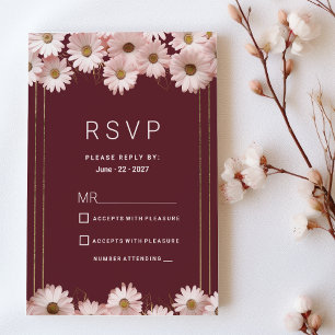 Invitación Elegantes flores de margarita de oro rosa burdeos 