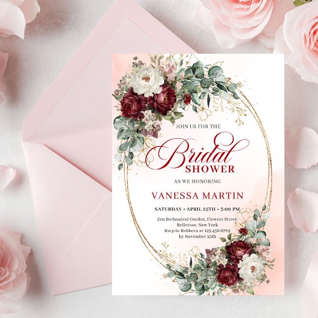 Invitación Elegantes flores de Marsala Eucalipto Despedida de (Stylish Marsala Flowers Eucalyptus Bridal Shower

)