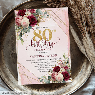 Invitación Elegantes Flores de Marsala Rosado Dorado Cumpleañ