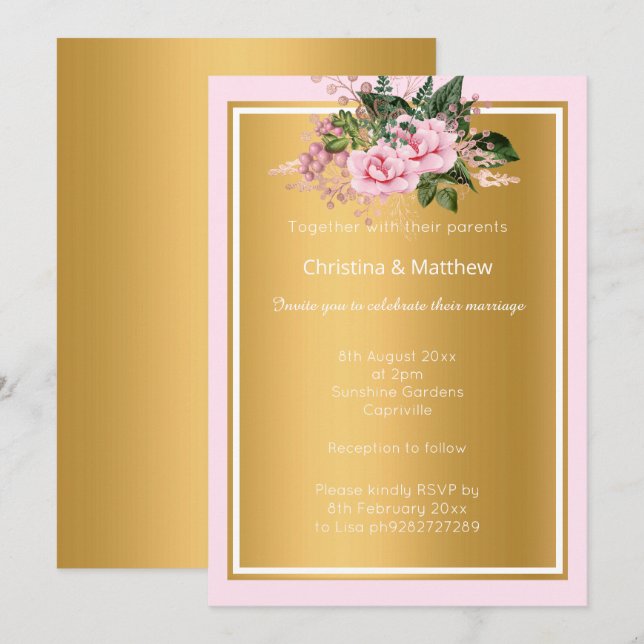 INVITACIÓN ELEGANTES FLORES DE ORO METÁLICO ROSA 2 BODAS  (Anverso / Reverso)