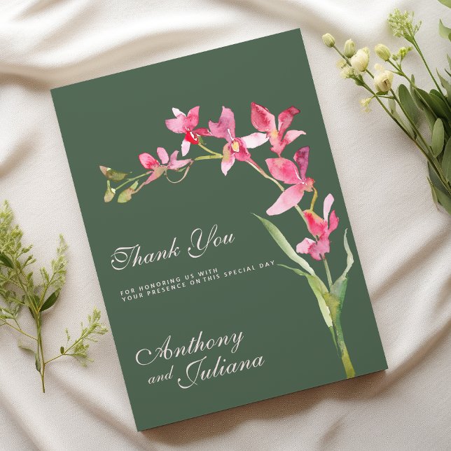 Invitación Elegantes flores de orquídea rosa verde malva Grac (Elegant mauve green pink orchid flowers Thank You )