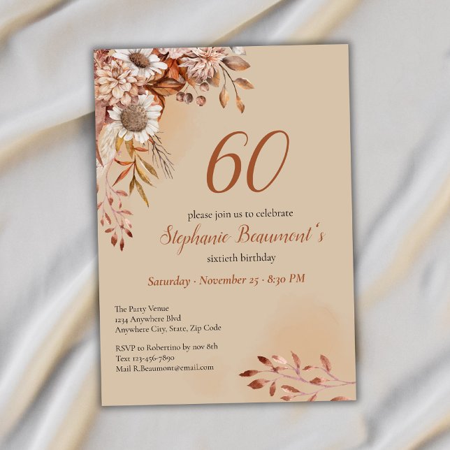 Invitación Elegantes flores de otoño Cumpleaños 60 marrón (Subido por el creador)