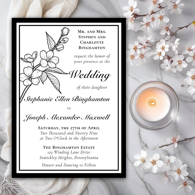 Invitación Elegantes Flores de Primavera Negras y Blancas Bod (Elegant Line Art Spring Blossoms Floral Formal Wedding Black | White Invitations = Print | DIgital)