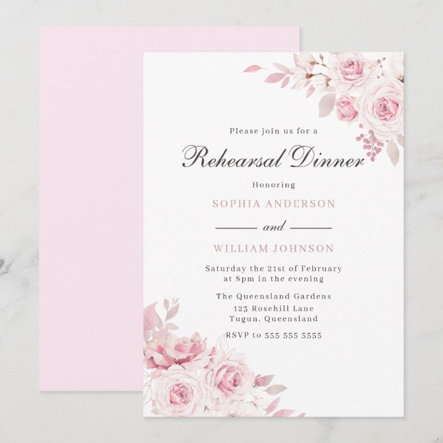 Invitación Elegantes flores de Rubor para la cena (Anverso / Reverso)