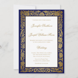 Invitación Elegantes flores doradas y Boda azul