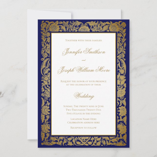 Invitación Elegantes flores doradas y Boda azul (Anverso)