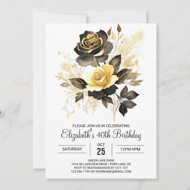 Invitación Elegantes flores oro y negro 30 cumpleaños (Anverso)