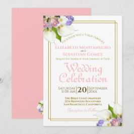 Invitación Elegantes flores pastel oro y rosa boda