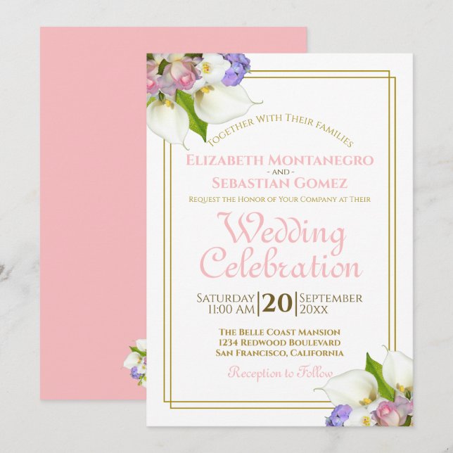 Invitación Elegantes flores pastel oro y rosa boda (Anverso / Reverso)