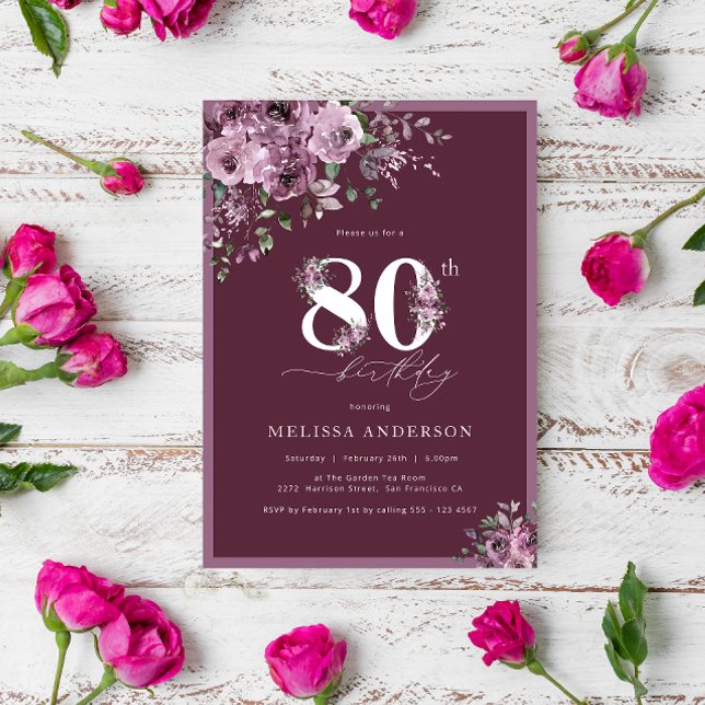Invitación Elegantes flores púrpuras 80 cumpleaños (Subido por el creador)