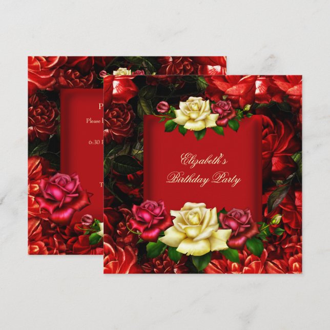Invitación Elegantes Flores Rojas Crema Doradas Fiesta Cumple (Anverso / Reverso)