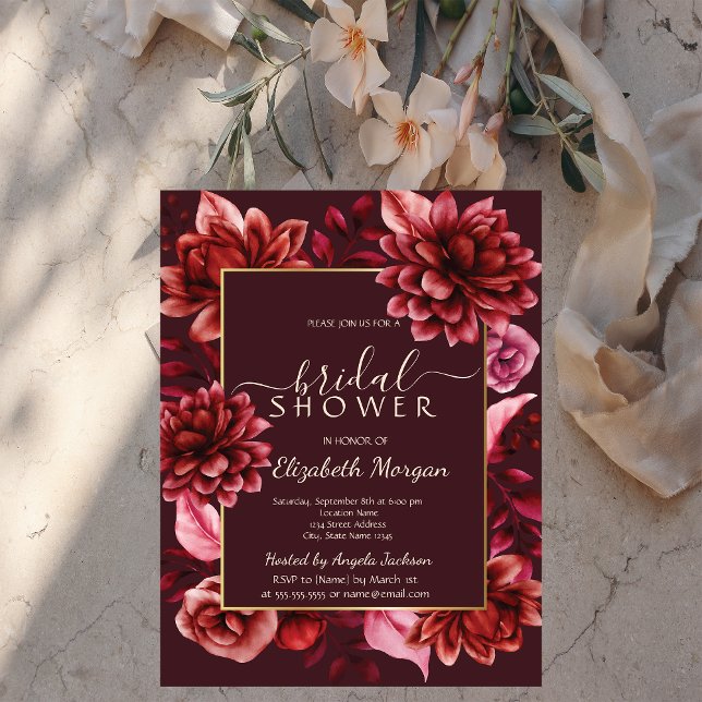 Invitación Elegantes flores rojas marco ducha de novia  (Subido por el creador)