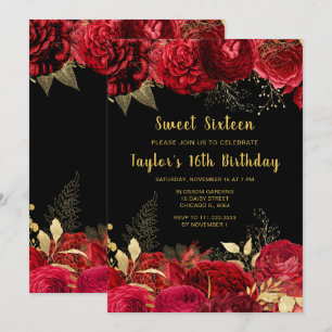 Invitación Elegantes flores rojas y doradas Sweet Sixteen