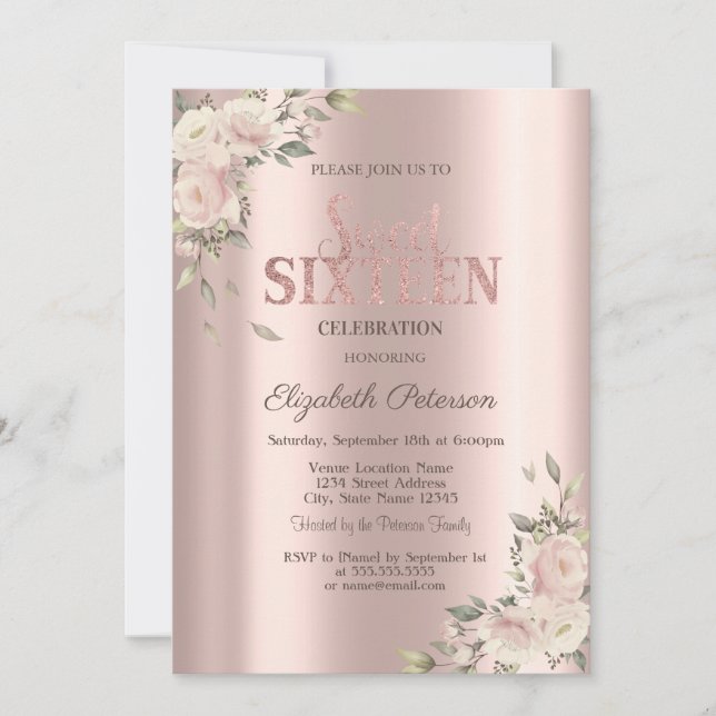 Invitación Elegantes flores rosa oro Cumpleaños Sweet 16 (Anverso)
