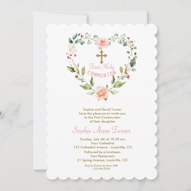 Invitación Elegantes Flores Rosa Oro Primero Santa Comunión I (Anverso)