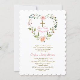 Invitación Elegantes Flores Rosa Oro Primero Santa Comunión I