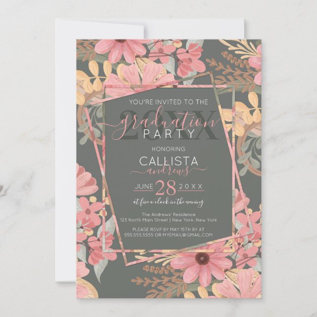 Invitación Elegantes flores rosadas de sabio dorado dejan la  (Anverso)
