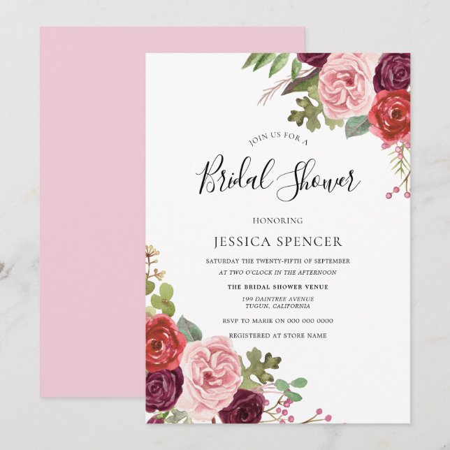 Invitación Elegantes flores rosadas invitan a ducha de novias (Anverso / Reverso)