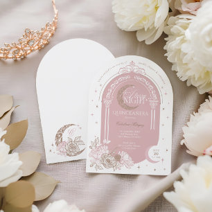 Invitación Elegantes flores rosadas Luna Estrellas Tiara Quin