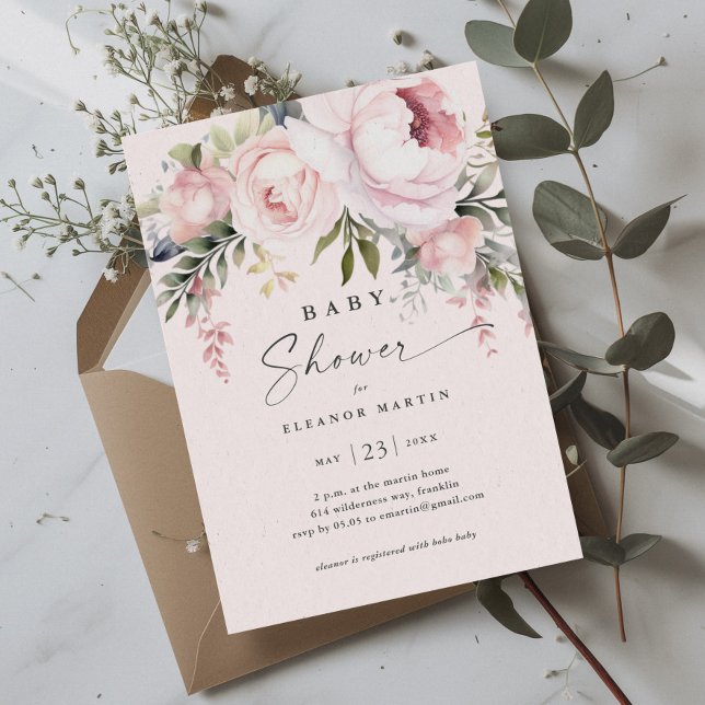 Invitación Elegantes flores rosadas verde jardín Baby Shower (Elegant Pink Flowers Greenery Garden Baby Shower Invitation)