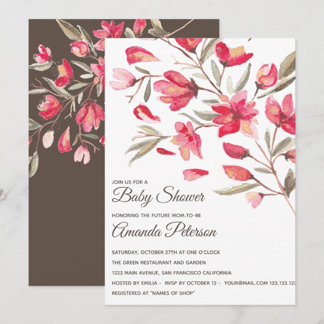 Invitación Elegantes flores rosadas y rojas en Baby Shower fl (Anverso / Reverso)