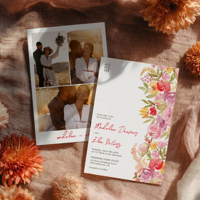 Invitación Elegantes flores silvestres botánicas 3 boda fotog (Elegant botanical boho wildflowers 3 photo wedding invitation)