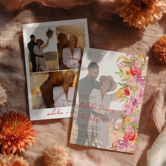 Invitación Elegantes flores silvestres botánicas de boho 4 bo (Elegant botanical boho wildflowers 4 photo wedding invitation)