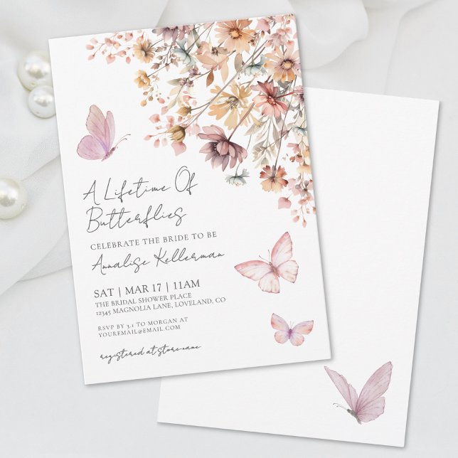 Invitación Elegantes flores silvestres de mariposas para desp (Elegant Butterfly Wildflowers Bridal Shower Invitation)