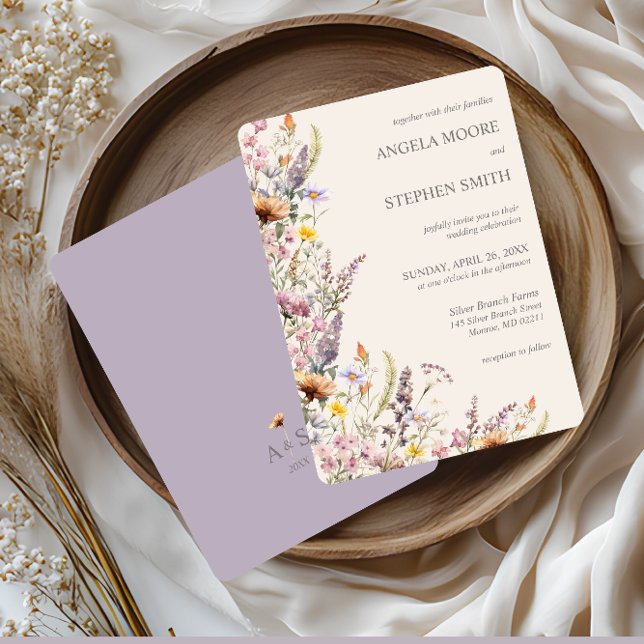 Invitación Elegantes flores silvestres lavanda, rosa y crema (Subido por el creador)