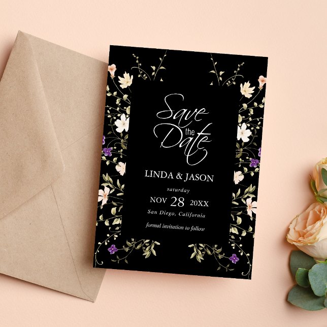Invitación Elegantes Flores Silvestres Negras para Salvar la  (Elegant black wildflowers wedding save the date invitation sets a timeless tone for your celebration)