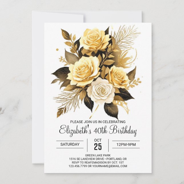 Invitación Elegantes flores silvestres oro y 30 cumpleaños ne (Anverso)